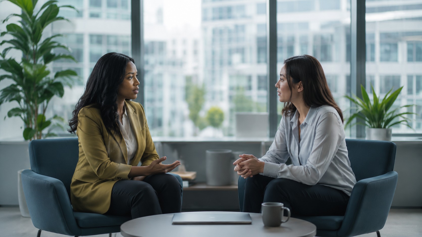 Two professionals in a serious workplace conversation representing employment discrimination and Title VII matters